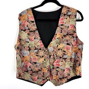 vintage 1980s 1990s women's leaf print pastel crop fitted four button vest